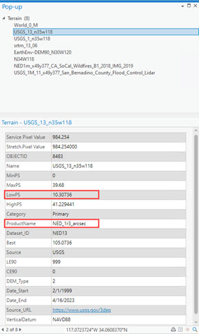 Terrain service Identify results with LowPS and ProductName highlighted