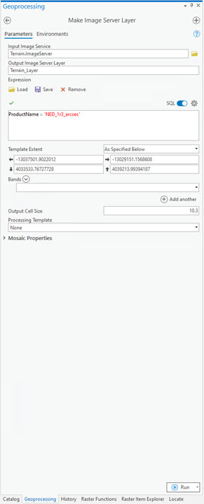 Make Image Server Layer dialog box for Terrain layer