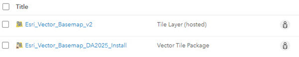 Item list showing Esri Vector Basemap hosted tile layer