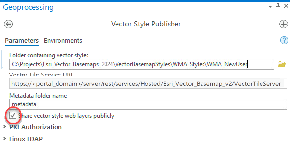 Vector Style Publisher dialog box with Share vector style web layers publicly box checked