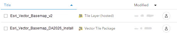 Item list showing Esri Vector Basemap hosted tile layer