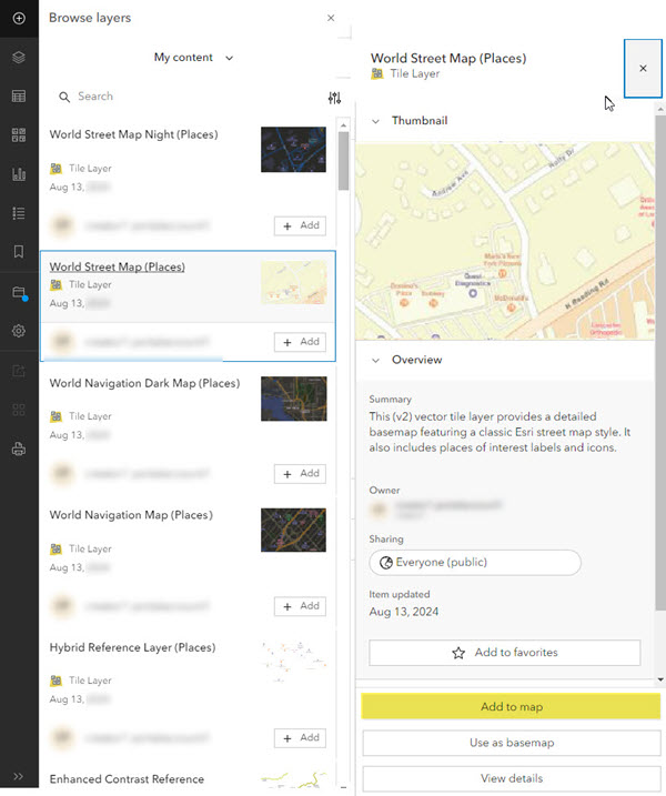 My Content with Add to map selected in Map Viewer