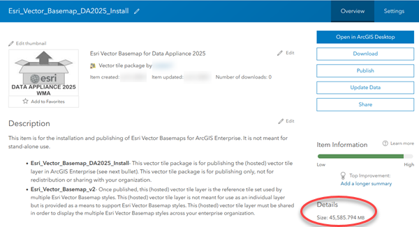 Esri Vector Basemap WMA 2025 tile layer item in Enterprise 11.3