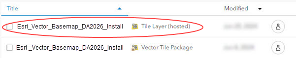 Item list showing Esri Vector Basemap hosted tile layer with incorrect title