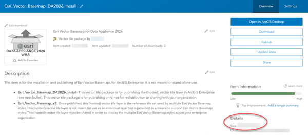 Esri Vector Basemap WMA 2026 tile layer item in Enterprise