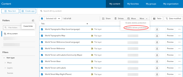 Portal contents with Enable Delete Protection and Disable Delete Protection