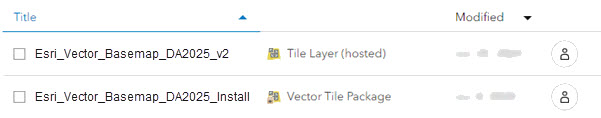 Item list showing Esri Vector Basemap hosted tile layer with correct title