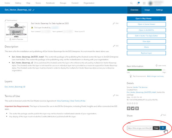 Esri Vector Basemap hosted tile layer with Copy button highlighted