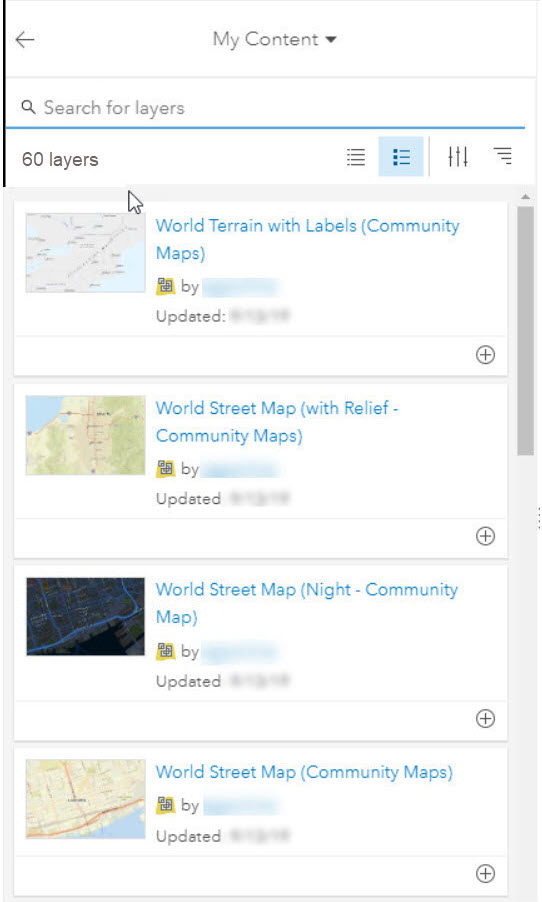 Search for layers dialog box showing vector tile layer results from My Content in Map Viewer Classic