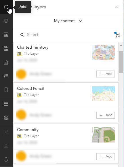 Search for layers dialog box showing vector tile layer results from My Content in Map Viewer