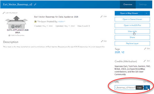 Copy button for the vector tile service URL