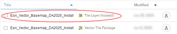 Item list showing Esri Vector Basemap hosted tile layer with incorrect title