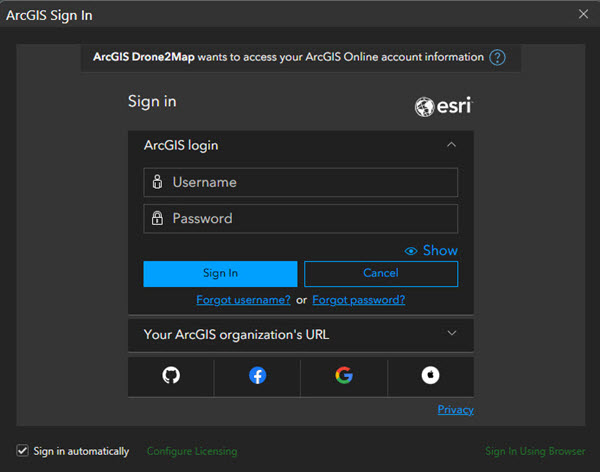 ArcGIS Drone2Map sign-in prompt ArcGIS Drone2Map sign-in prompt