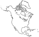 Outline of a map of the North and Central American continent including the Caribbean Islands
