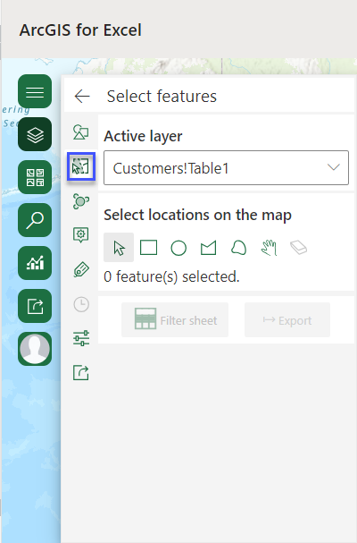 Select features pane with Filter sheet and Export options