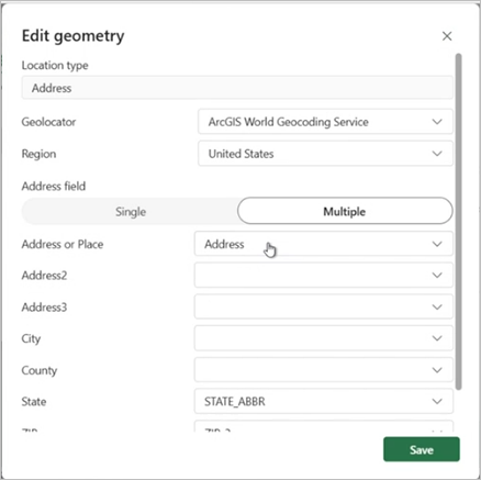 Edit geometry pane with Address Location type chosen Edit geometry pane with Address Location type chosen