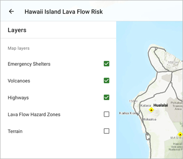 Layers list and map with Lava Flow Hazard Zones and Terrain off
