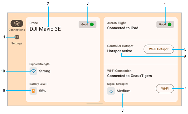 Preflight, the ArcGIS Flight Connection app interface shows the main components.