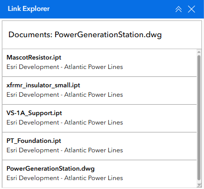 Link Explorer displays all generated links to the source project documents in ACC for the selected document feature in the Map widget.