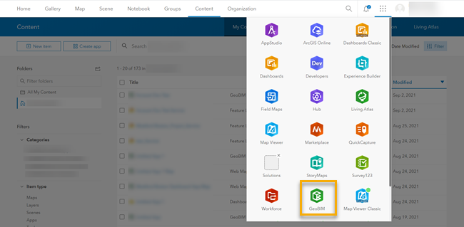 Apps menu with GeoBIM selected