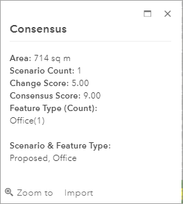 Consensus pop-up for an area of 714 square miles, one scenario count, a change score value of five, a consensus score of nine, and office feature type