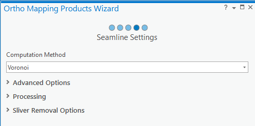 Screenshot of the Ortho Mapping Products wizard seamline settings