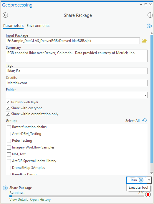 Screenshot of the Share Package geoprocessing tool dialog.