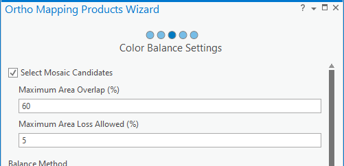 Screenshot of the Ortho Mapping Products wizard color balance settings