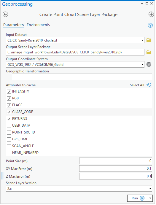 Screenshot of the Create Point Cloud Scene Layer Package tool dialog.