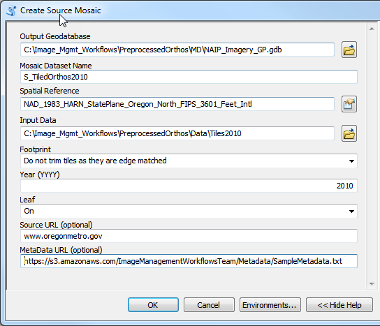 create source mosaic dialog window