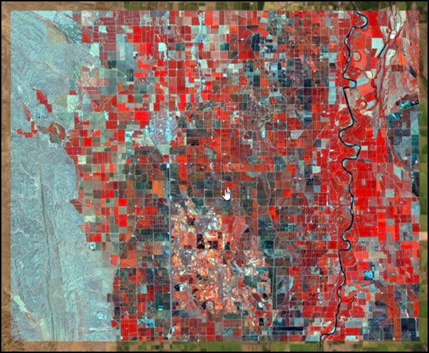 The Landsat 8 image is displayed as color infrared. Healthy vegetation is bright red.