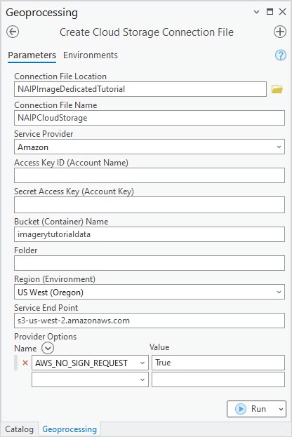 window with filled out and blank fields for the geoprocessing parameters.