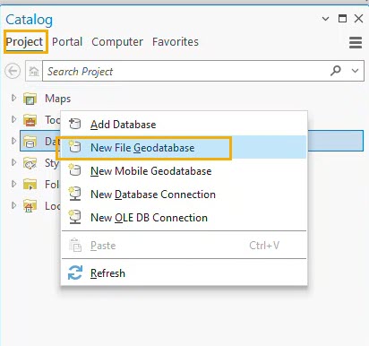 window with yellow box highlighting New File Geodatabase option