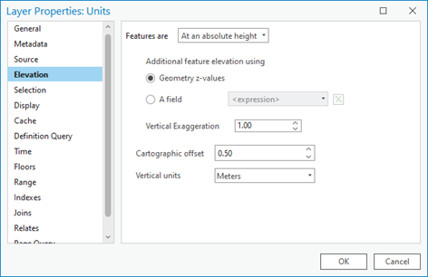 Configure the elevation of features on the Layer Properties dialog box.