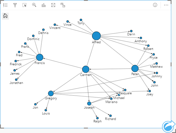 The relationships of a criminal organization in a radial layout