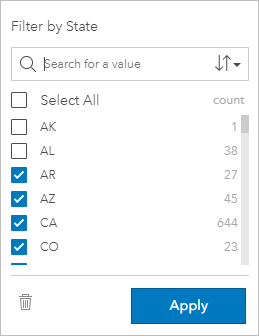 Filter the values for a string field