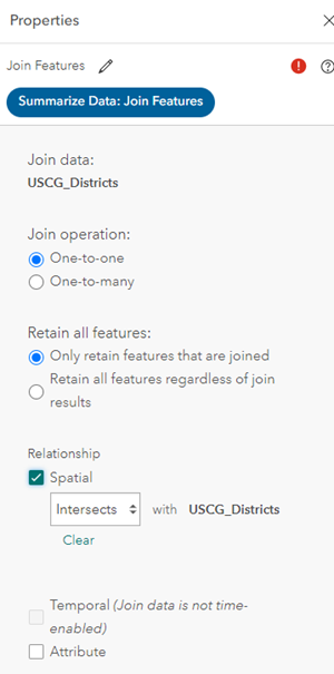 Join Features tool with spatial relationship options configured