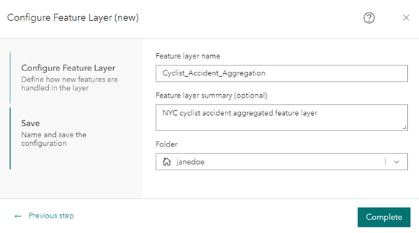 Output feature layer name