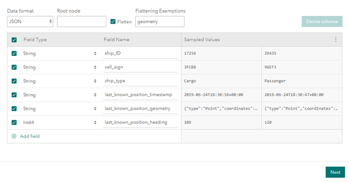 Resulting Confirm Schema page from flattened JSON with geometry field exempted from flattening.