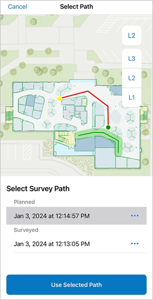 Select an existing survey path on iOS.