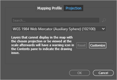 Current Map Settings window showing the Projection tab