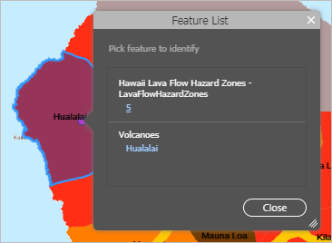 Feature list pop-up with map feature highlighted