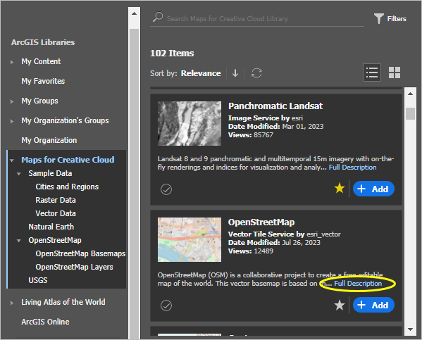 Browse ArcGIS content window with Full Description link highlighted