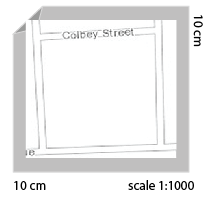 Initial map of city block at 1:1000 scale with output size of 10 centimeters