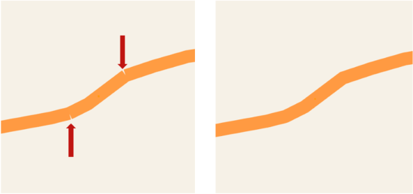 Before and after example of connected line segments to improve disjointed appearance of line feature in the map