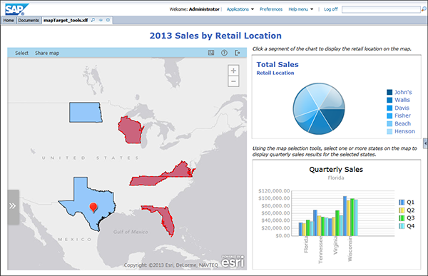 Dashboard displaying the Esri map component as both a selector and the target of a selector.