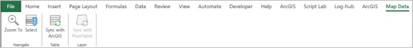 ArcGIS for Excel Map Data ribbon