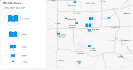 Counts and amounts by size styling on a map