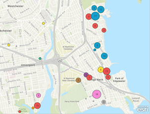 Point features styled by color and size with clustering