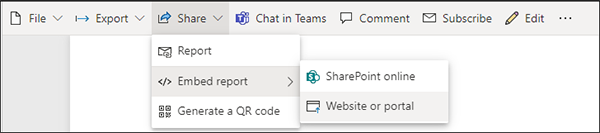 Embed report options from the Share menu